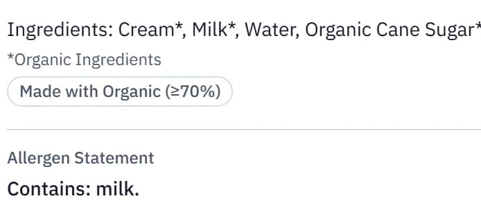 The ingredient statement and allergen statement Brix wrote from the formula.