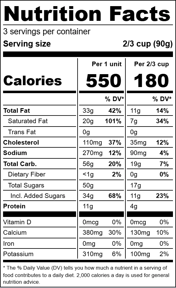 Nutrition labels Brix generated for one vanilla pint in several formats (dual column, Supplement Facts, tabular and linear), the label settings panel, and the first page of its unrounded Nutrition Report.