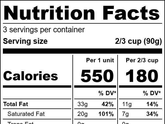 Nutrition labels Brix generated for one vanilla pint in several formats (dual column, Supplement Facts, tabular and linear), the label settings panel, and the first page of its unrounded Nutrition Report.